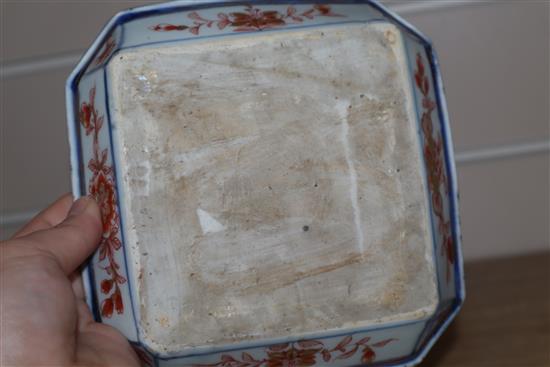 A Chinese Imari canted square dish and a small U-shaped jar, cover and stand, Kangxi period